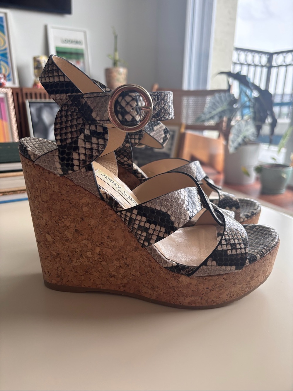 Jimmy Choo Black and Cream Snake-Print Cork Wedge Sandals